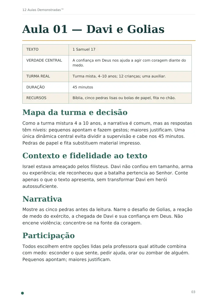 Página real da aula demonstrada Davi e Golias