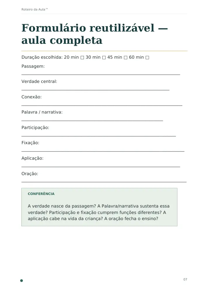 Página real do formulário reutilizável do Roteiro da Aula